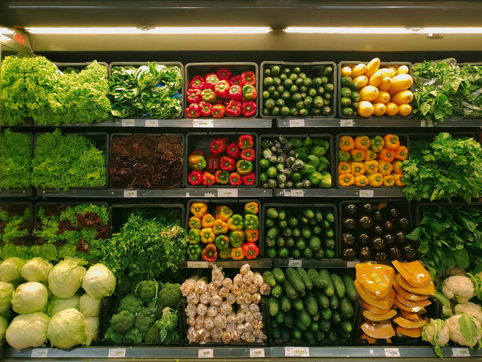 Supermarket grocery aisle with stocked shelves and shopping carts