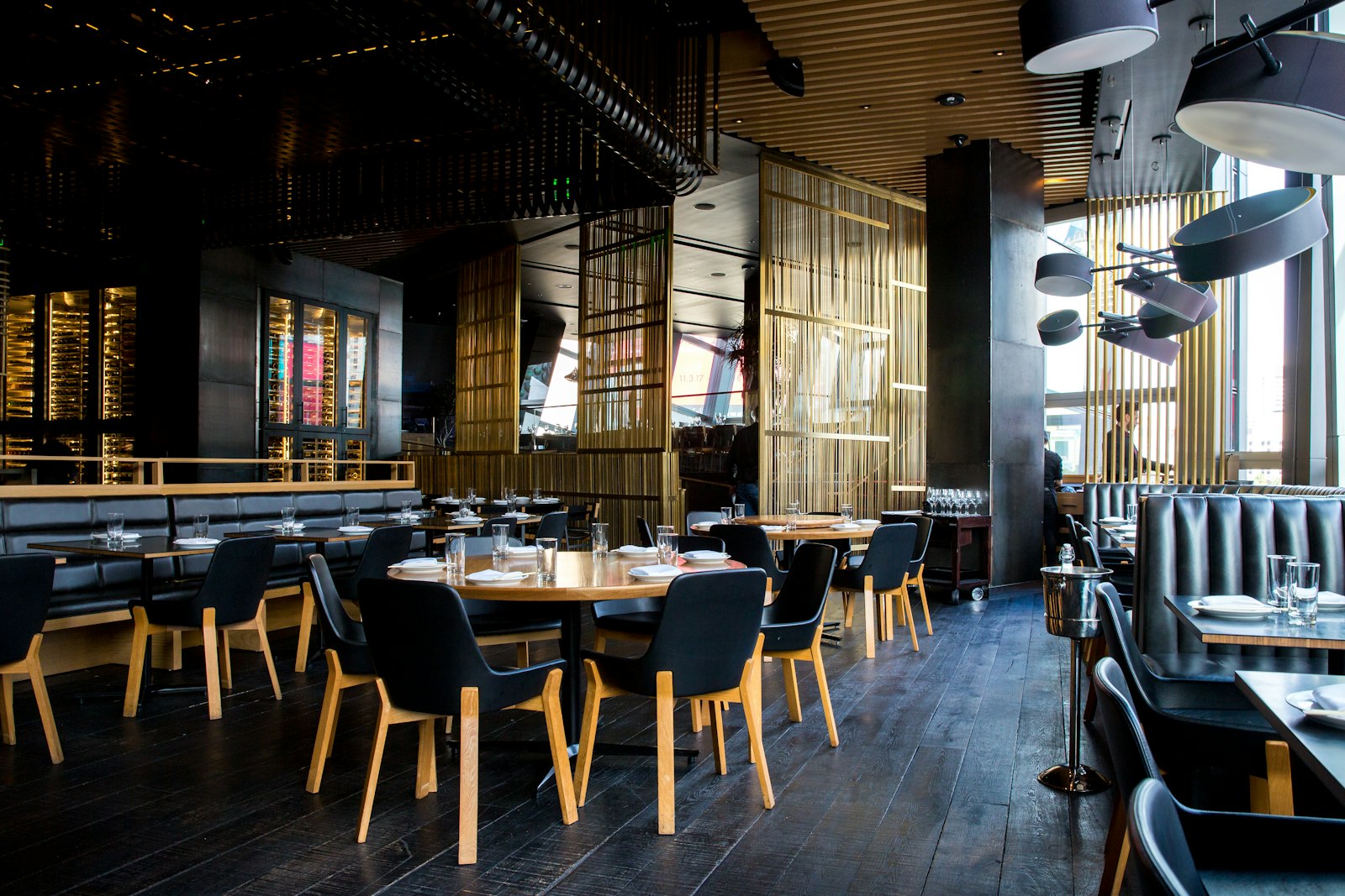 Restaurant dining room with set tables ready for service