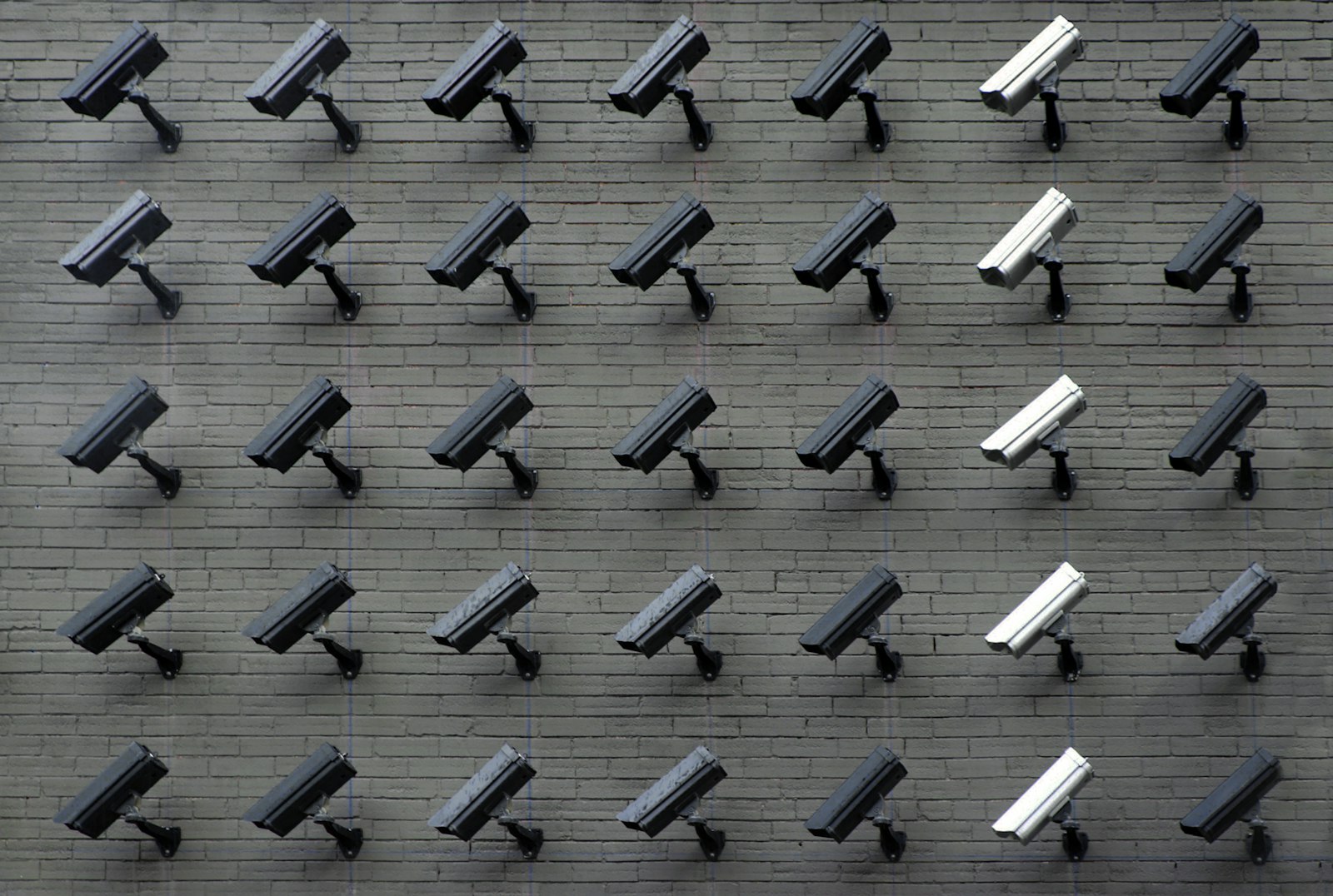 Grid of security cameras on a commercial wall